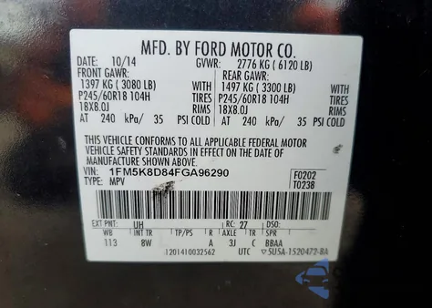 2015 Ford Explorer Xlt from USA, damaged, VIN 1FM5K8D84FGA96290